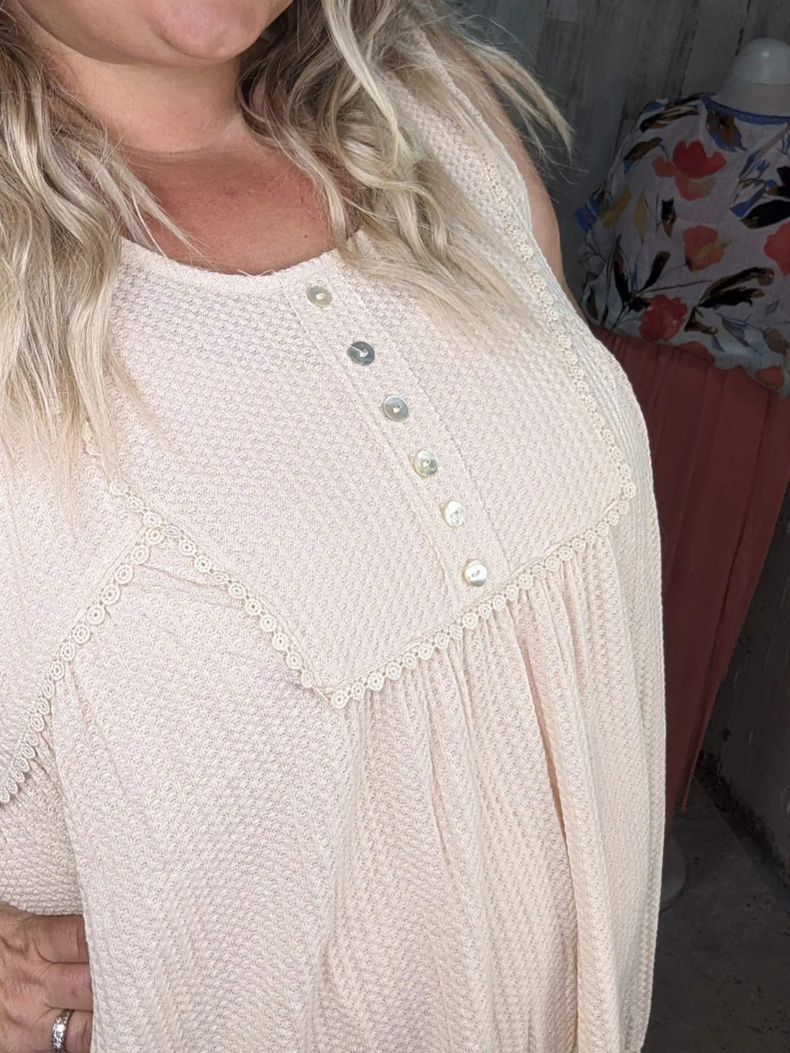 Jaycee Lace Trim Flowy Button Tank in Waffle Solids