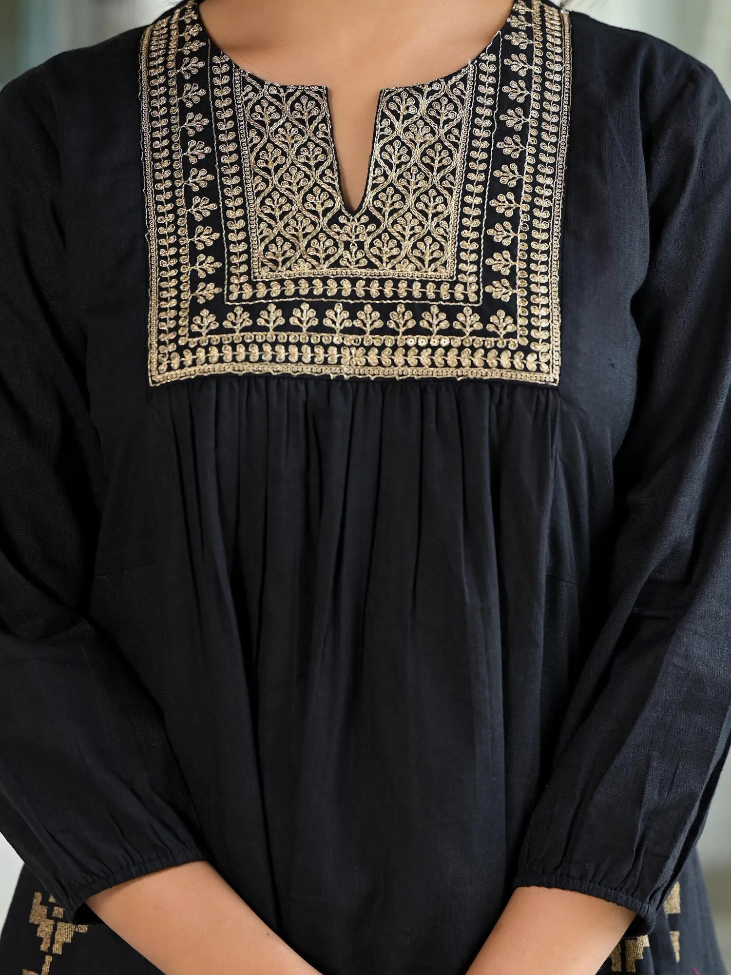 Juniper Black Ethnic Motif Printed Cotton Tunic & Dhoti Pant Co-Ord Set For Women With Zari Embroidery