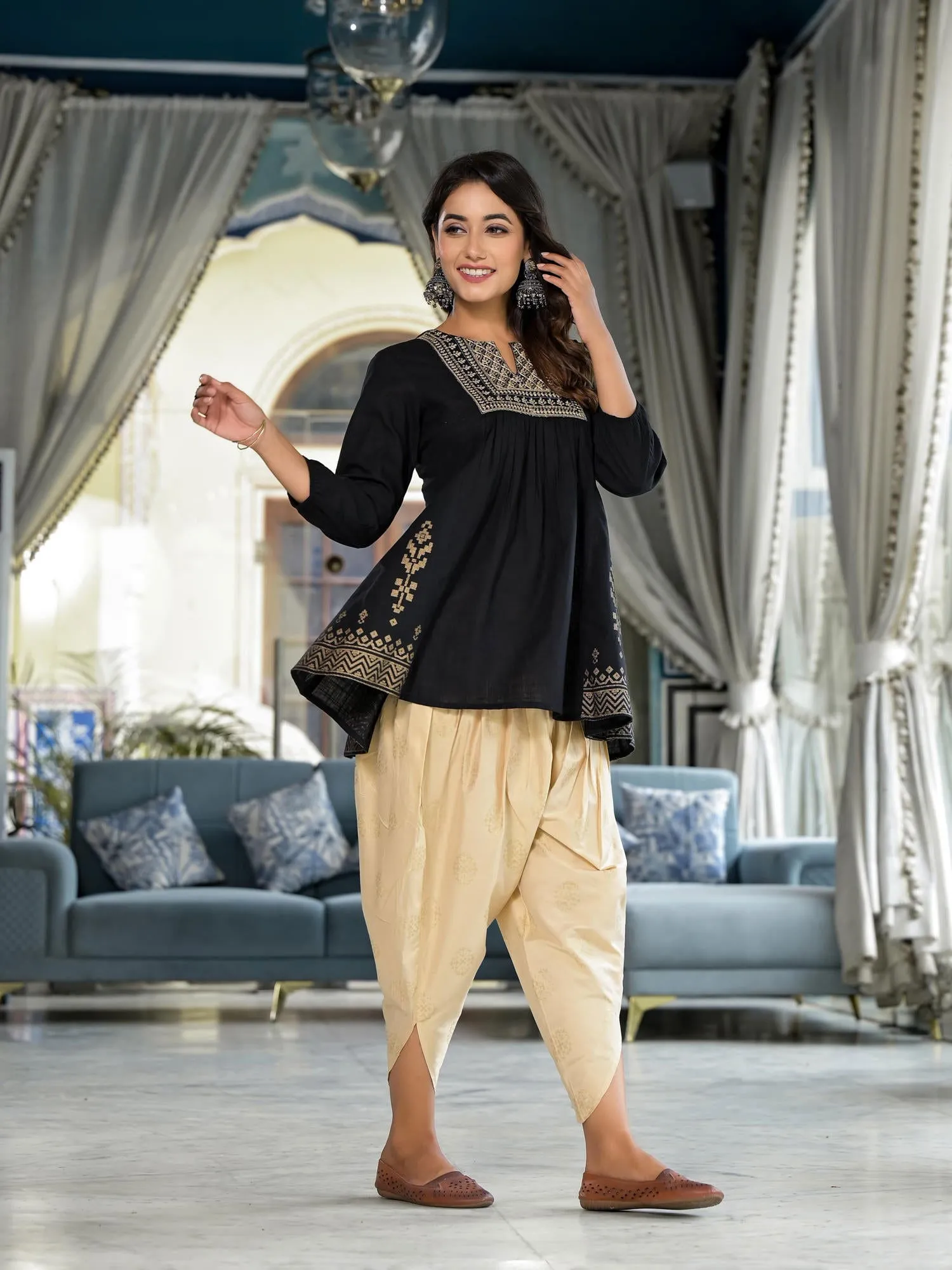 Juniper Black Ethnic Motif Printed Cotton Tunic & Dhoti Pant Co-Ord Set For Women With Zari Embroidery