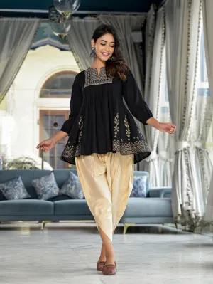Juniper Black Ethnic Motif Printed Cotton Tunic & Dhoti Pant Co-Ord Set For Women With Zari Embroidery