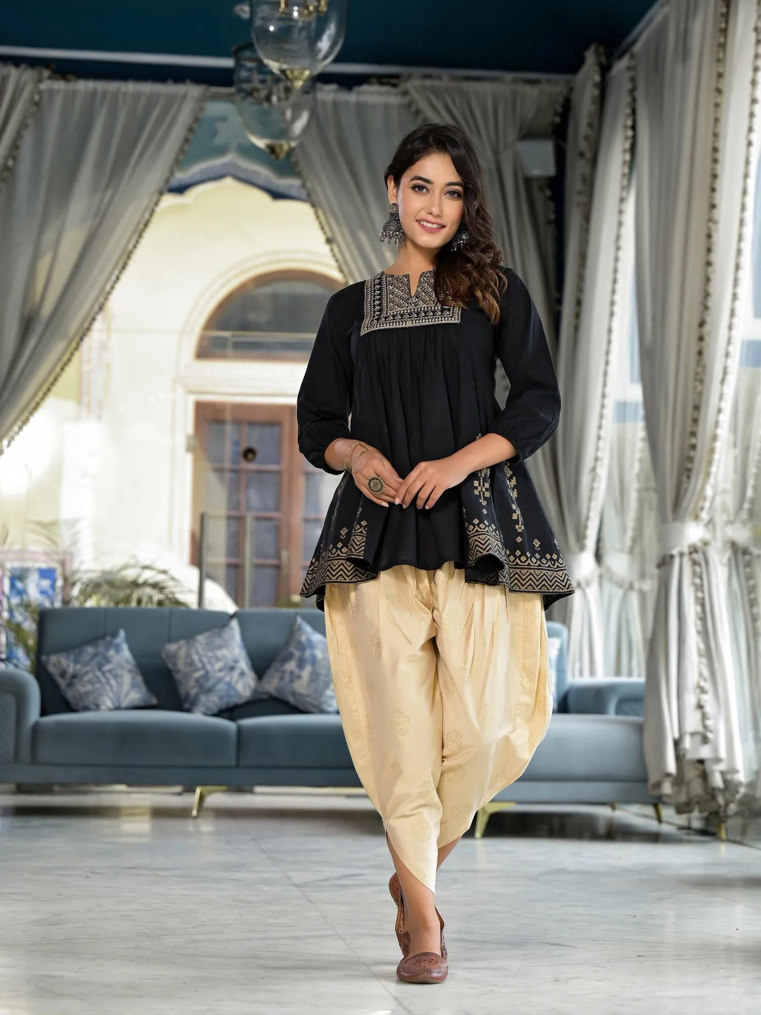 Juniper Black Ethnic Motif Printed Cotton Tunic & Dhoti Pant Co-Ord Set For Women With Zari Embroidery