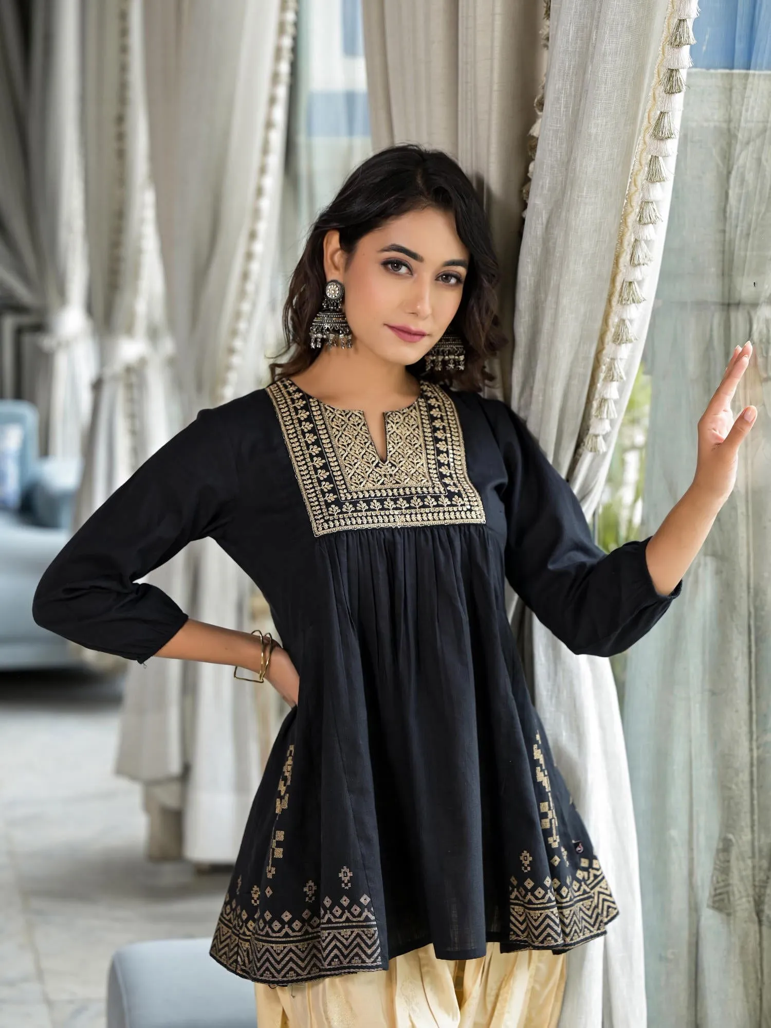 Juniper Black Ethnic Motif Printed Cotton Tunic & Dhoti Pant Co-Ord Set For Women With Zari Embroidery