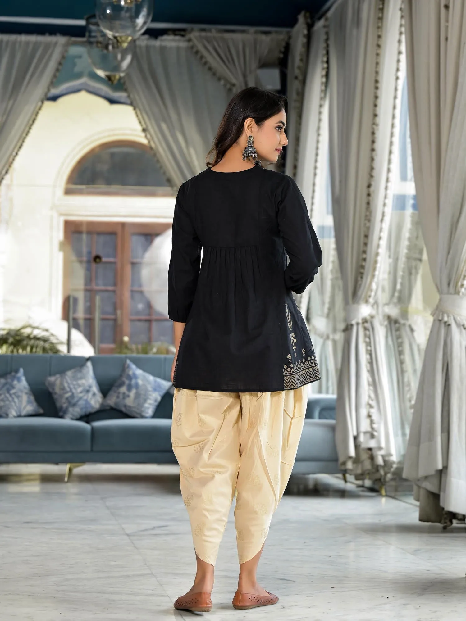 Juniper Black Ethnic Motif Printed Cotton Tunic & Dhoti Pant Co-Ord Set For Women With Zari Embroidery