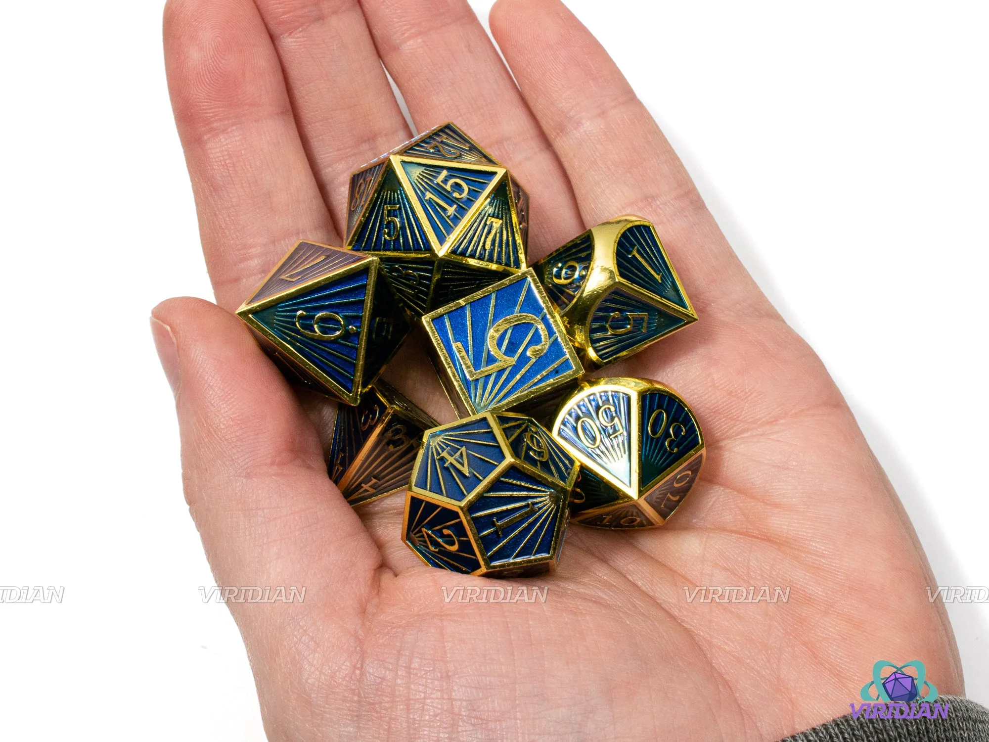 Last Ray of Sunlight | Gold & Blue Ray Striped Style | Metal Dice Set (7)