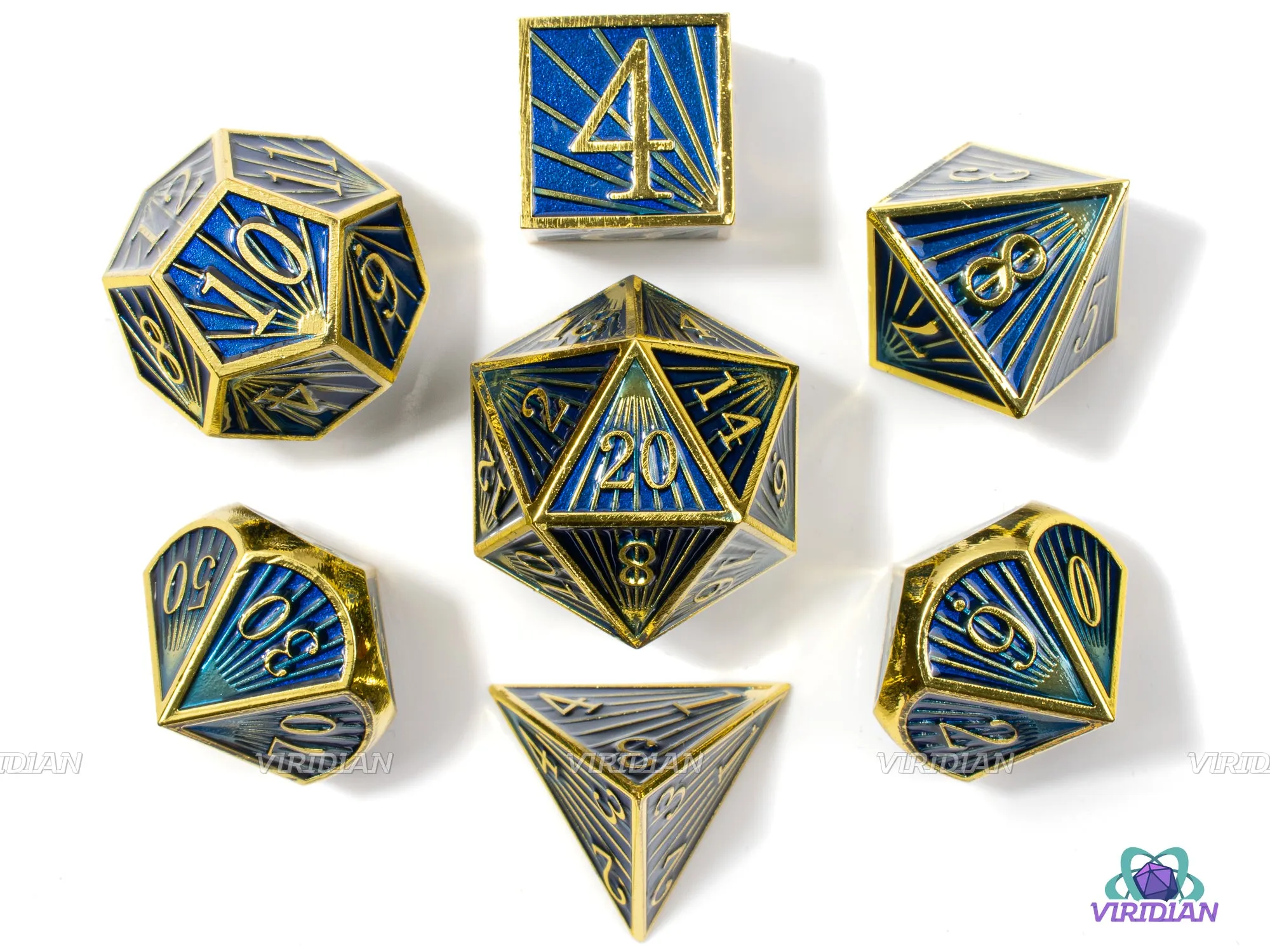 Last Ray of Sunlight | Gold & Blue Ray Striped Style | Metal Dice Set (7)