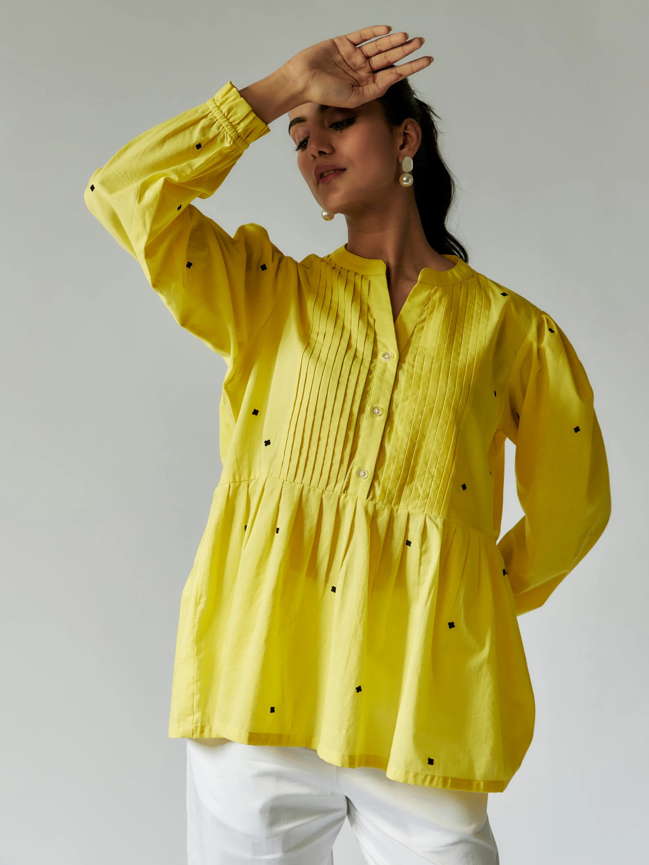 Lime Yellow and White Cotton Mul Co-ords Set with Embroidery