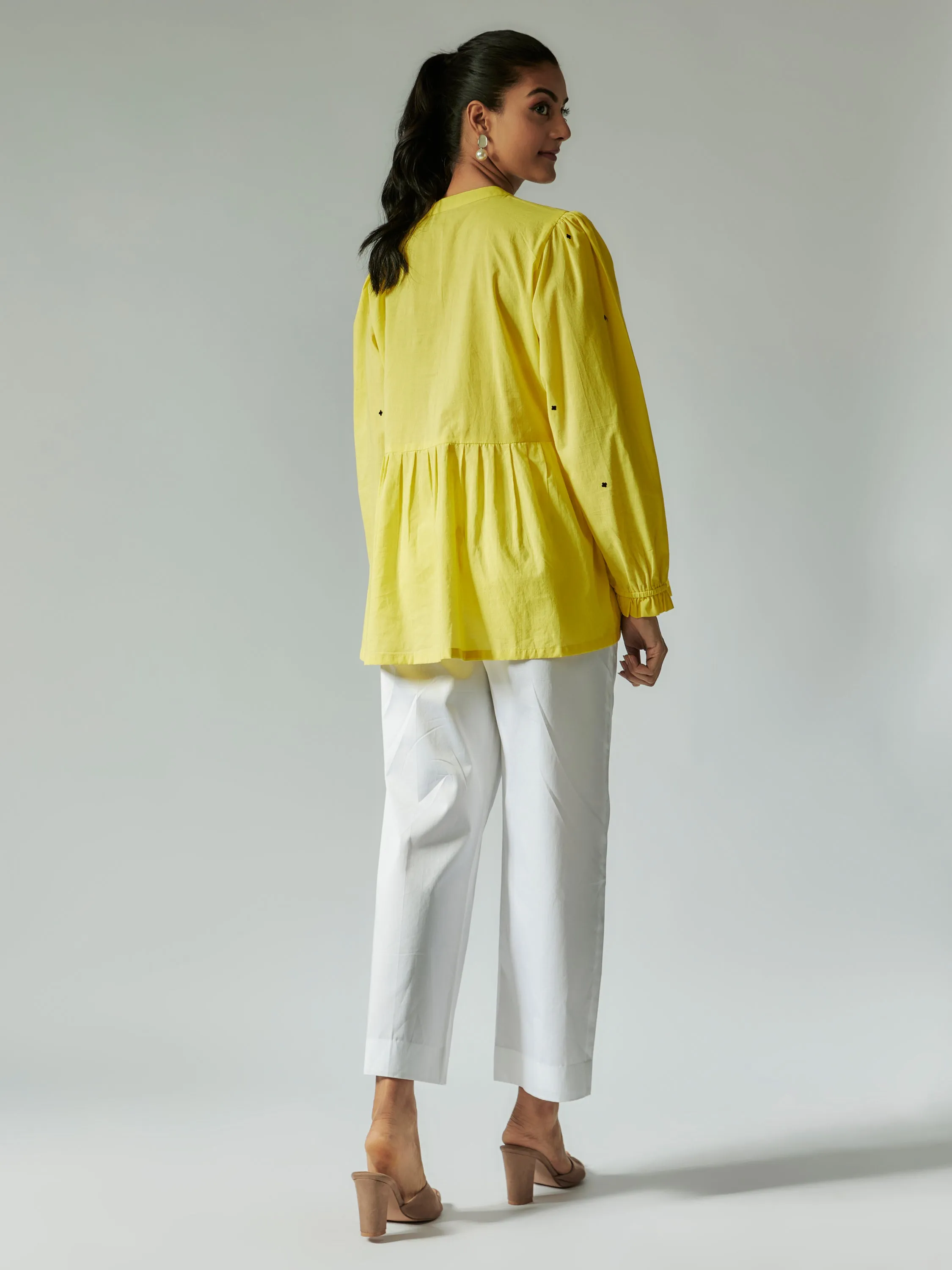 Lime Yellow and White Cotton Mul Co-ords Set with Embroidery