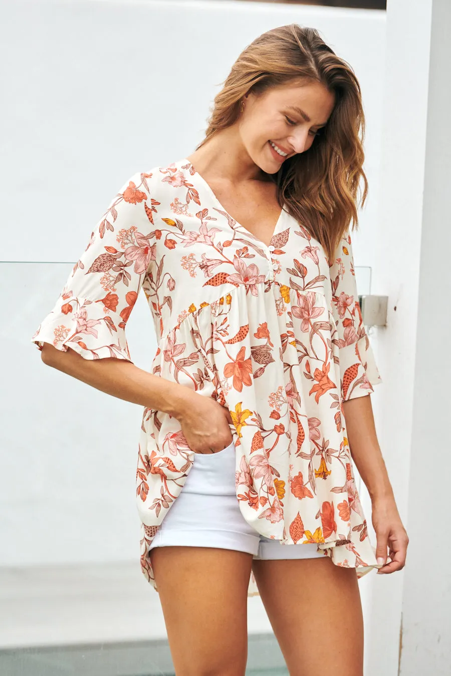 Maia 3/4 Sleeve Cream Floral Top