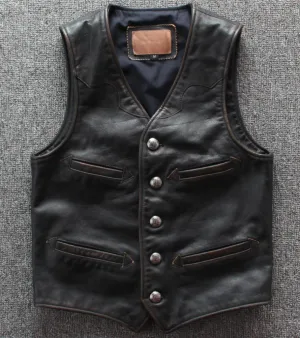 Men Cowhide Genuine Leather Vest  Motorcycle Biker Leather Vests Mens Real Leather Vintage Casual Sleeveless Jackets Waistcoat