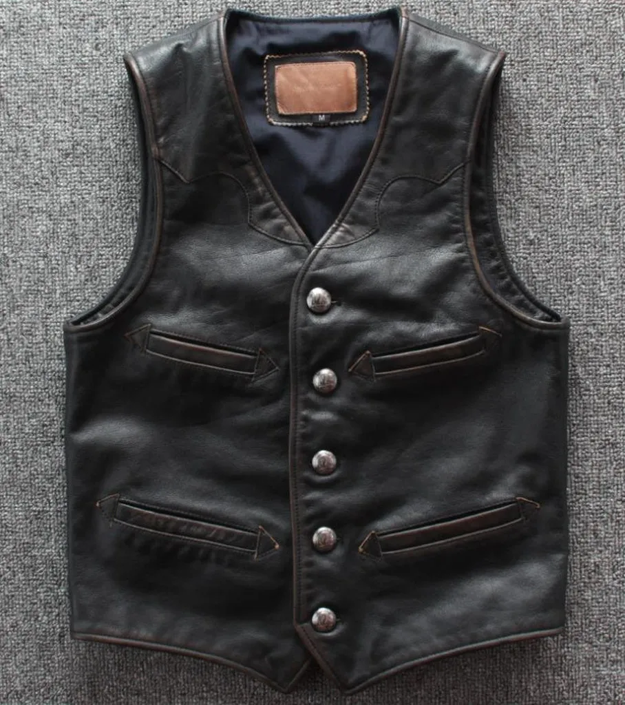 Men Cowhide Genuine Leather Vest  Motorcycle Biker Leather Vests Mens Real Leather Vintage Casual Sleeveless Jackets Waistcoat