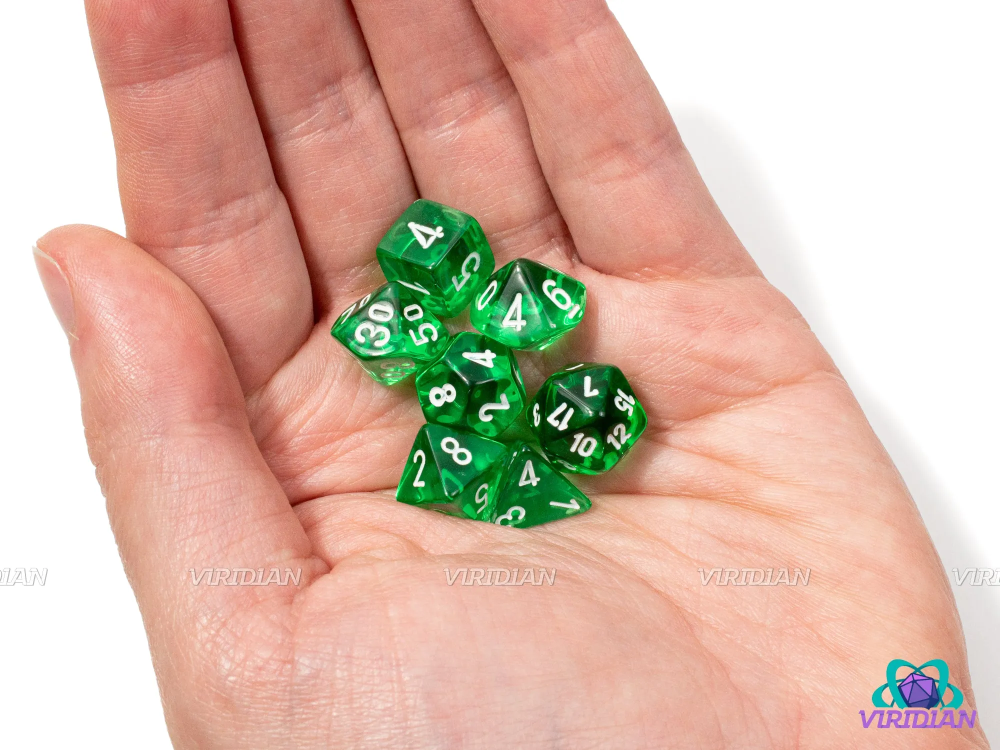 Mini Translucent Green | 10mm Acrylic Dice Set (7) | Chessex Mini Wave 3