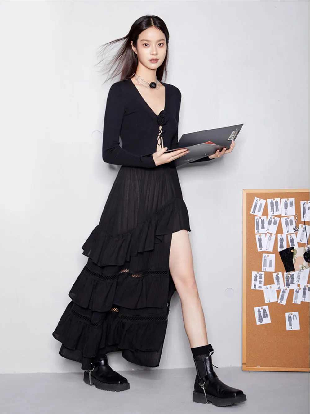MUKTANKxCUUDICLAB Flounce Pleated Maxi Skirt