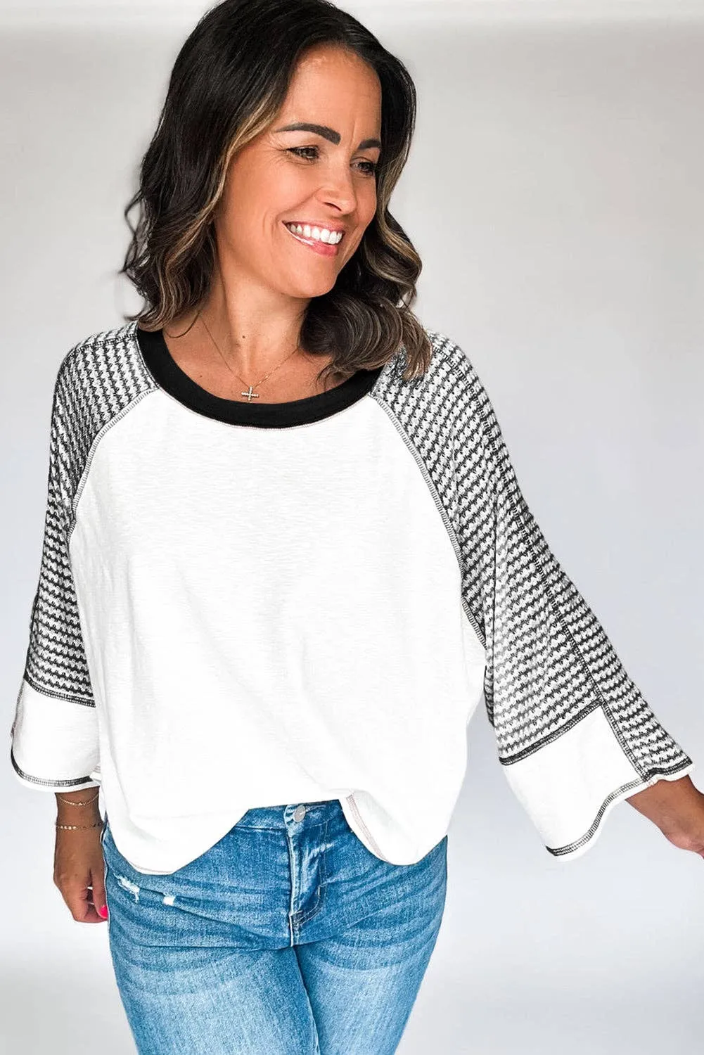 Natalie Black Striped Bracelet Sleeve Raglan Patchwork Top