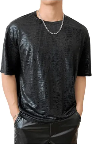 OYOANGLE Men's Oversized PU Leather Printed Short Sleeve Round Neck Longline Tee Shirt Tops