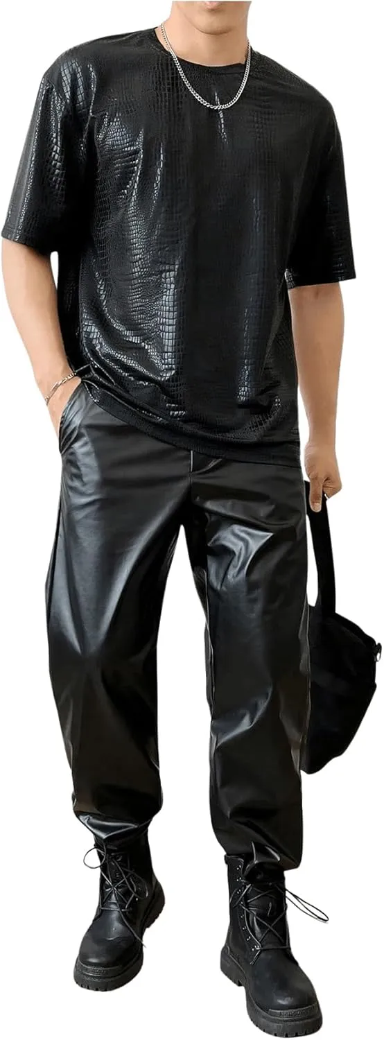 OYOANGLE Men's Oversized PU Leather Printed Short Sleeve Round Neck Longline Tee Shirt Tops