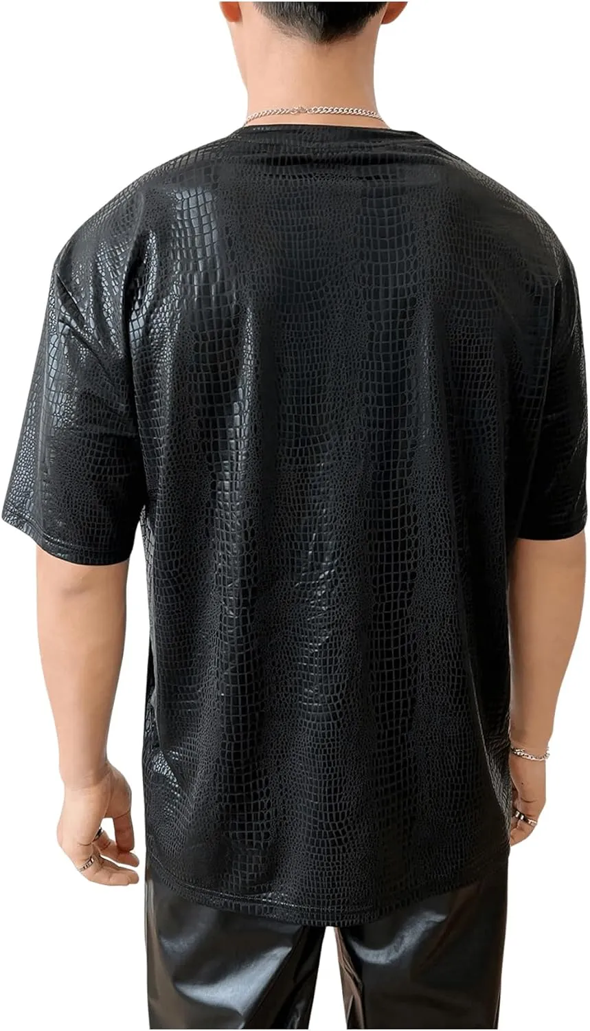 OYOANGLE Men's Oversized PU Leather Printed Short Sleeve Round Neck Longline Tee Shirt Tops