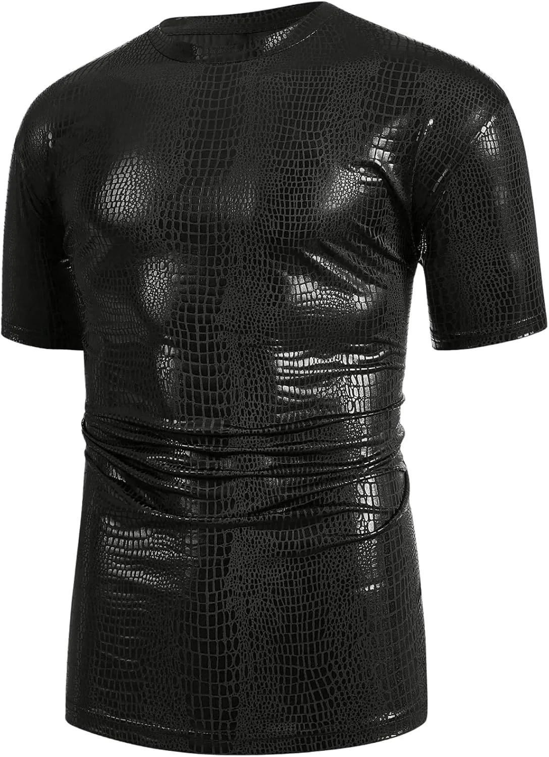 OYOANGLE Men's Oversized PU Leather Printed Short Sleeve Round Neck Longline Tee Shirt Tops