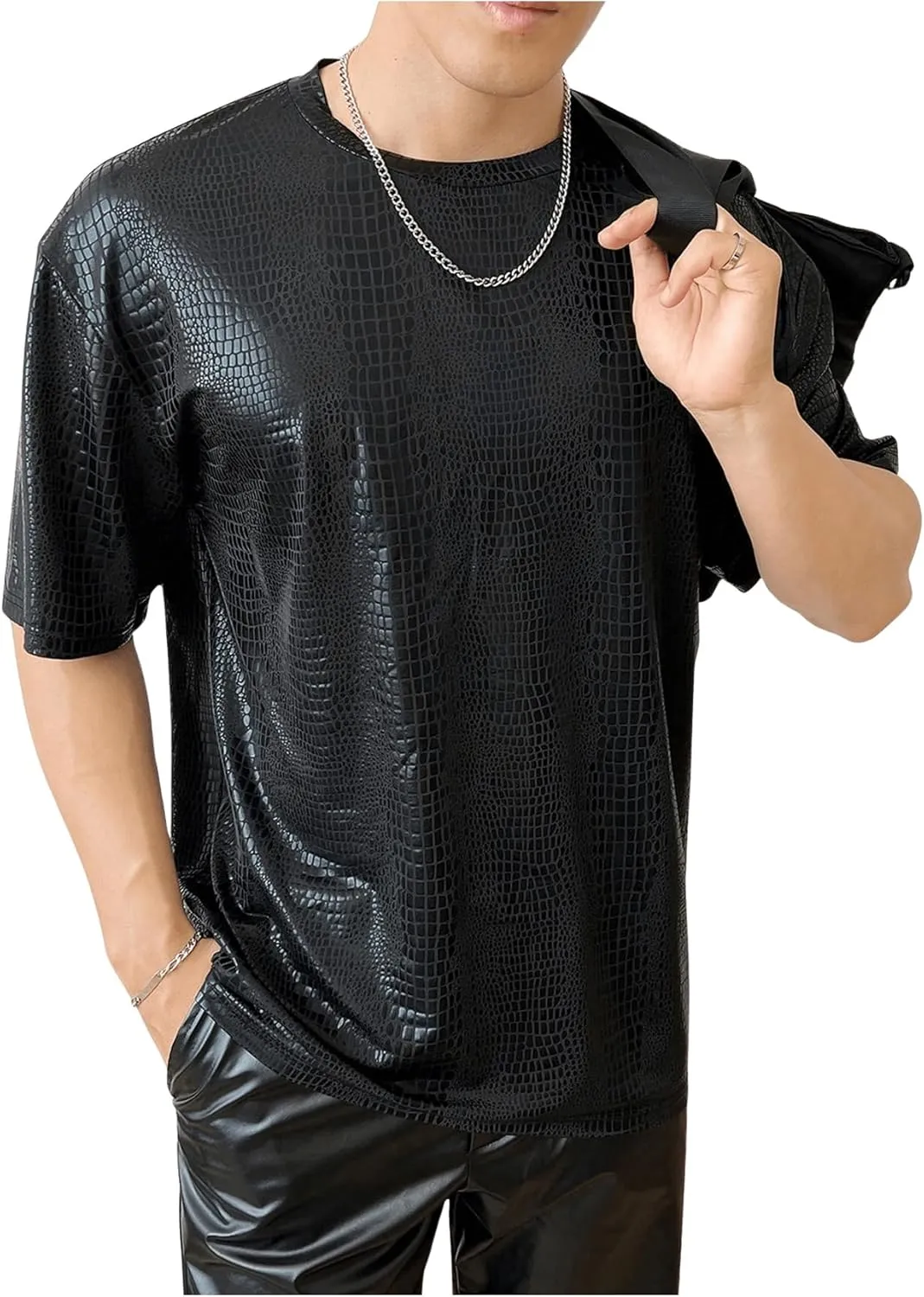 OYOANGLE Men's Oversized PU Leather Printed Short Sleeve Round Neck Longline Tee Shirt Tops