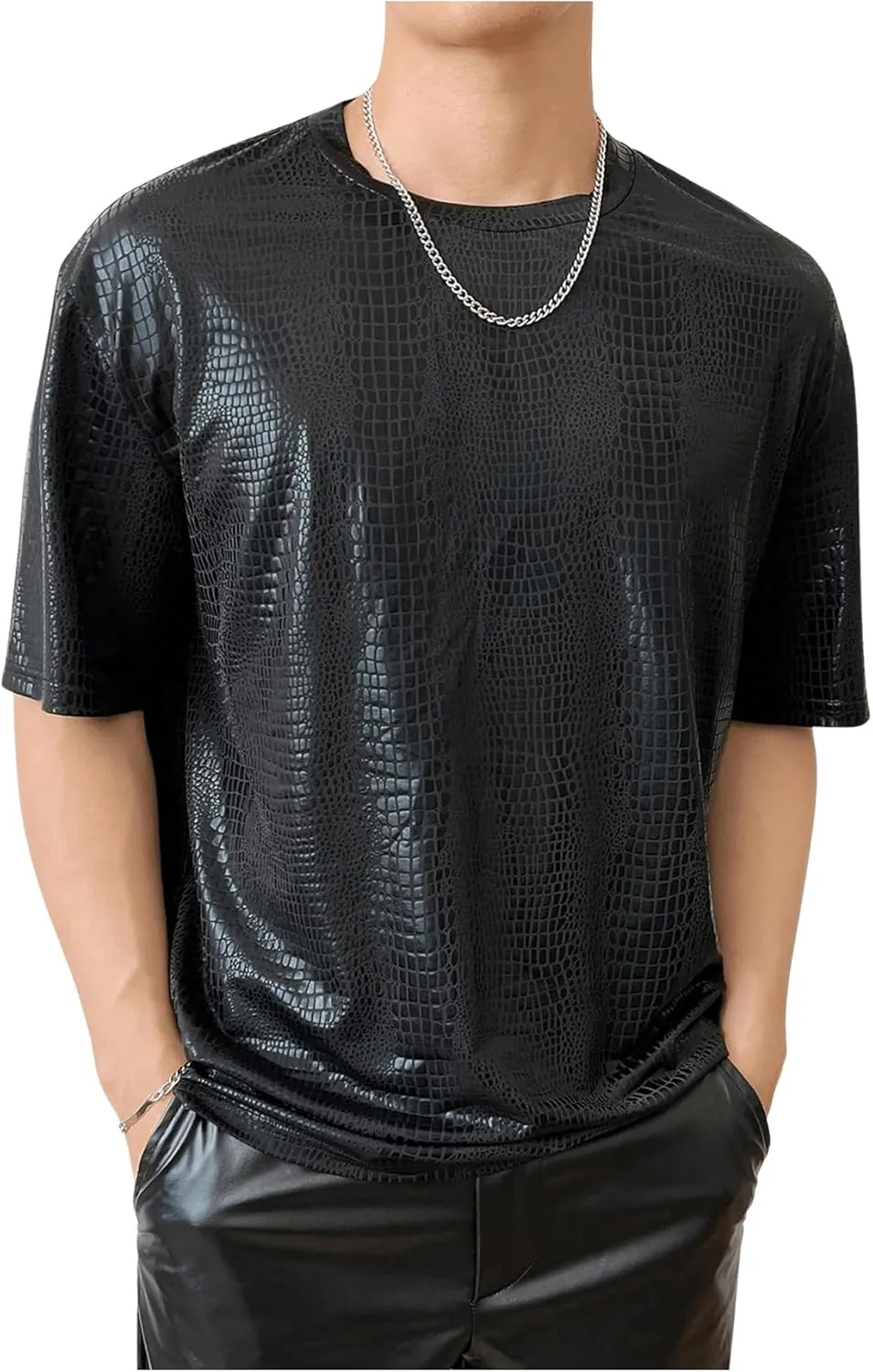 OYOANGLE Men's Oversized PU Leather Printed Short Sleeve Round Neck Longline Tee Shirt Tops