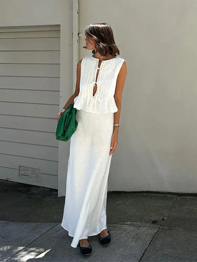 Pleated Tie Up Sleeveless Graceful Top And Midi Skirt Set