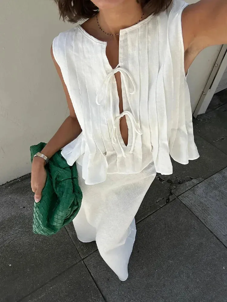 Pleated Tie Up Sleeveless Graceful Top And Midi Skirt Set