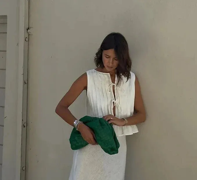 Pleated Tie Up Sleeveless Graceful Top And Midi Skirt Set