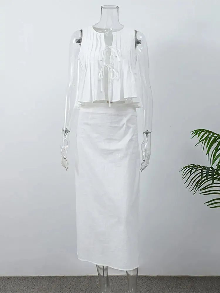 Pleated Tie Up Sleeveless Graceful Top And Midi Skirt Set