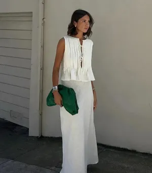 Pleated Tie Up Sleeveless Graceful Top And Midi Skirt Set