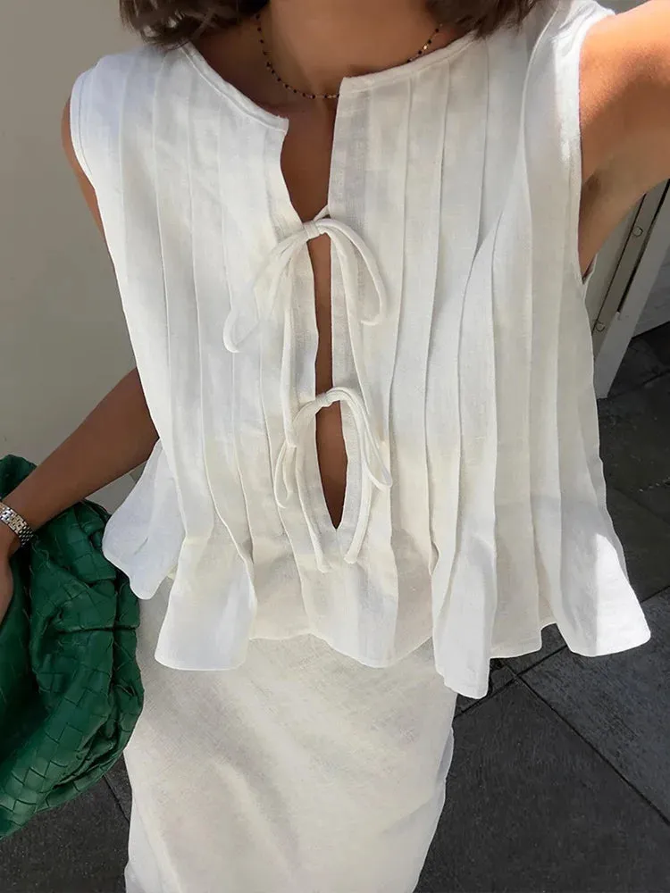 Pleated Tie Up Sleeveless Graceful Top And Midi Skirt Set