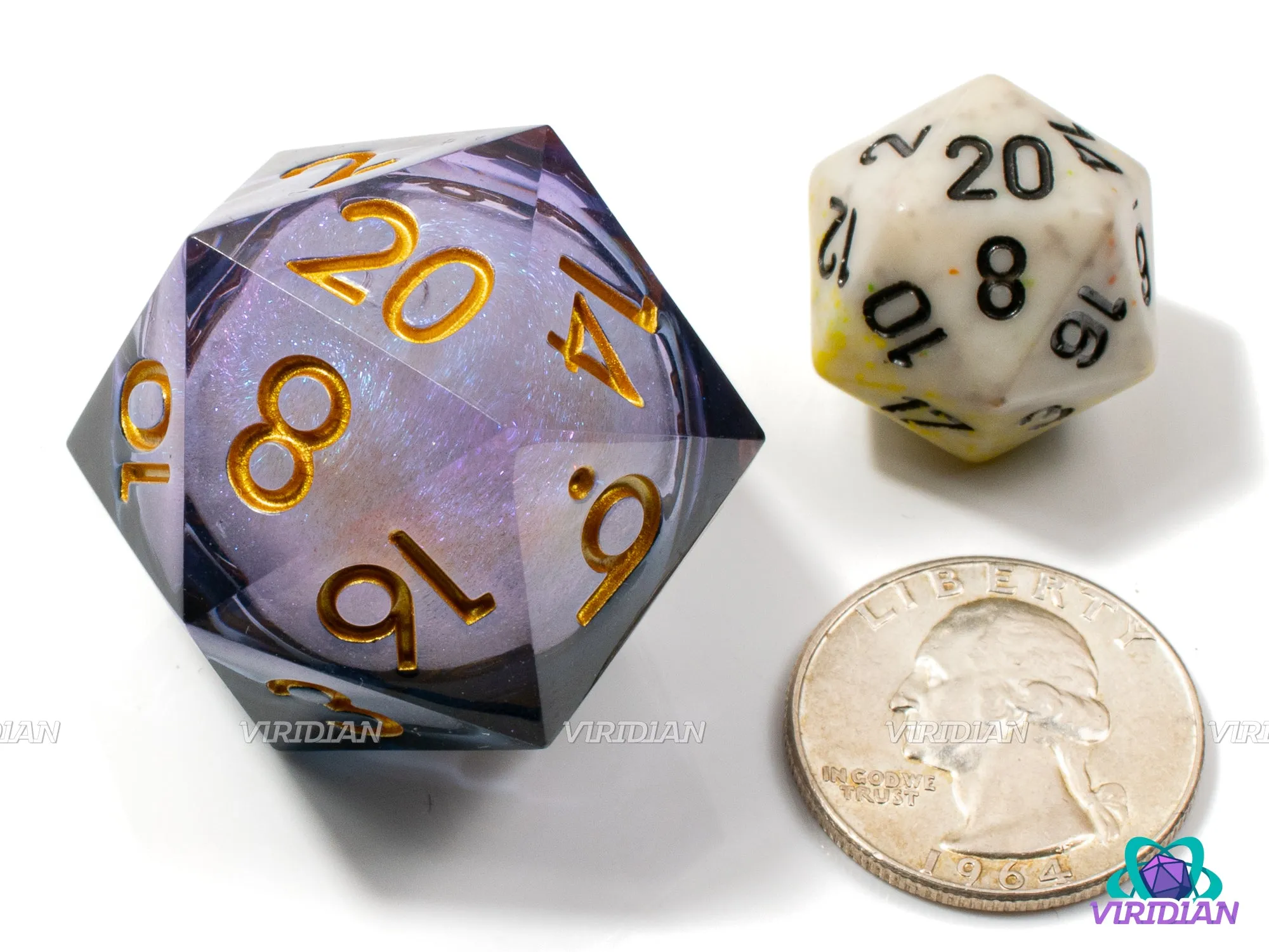 Premonition D20 (Liquid Core) | Sharp-Edged Die, Glittery, Smoke-Black & Purple Translucent, Glittery | Giant Resin D20 (1)