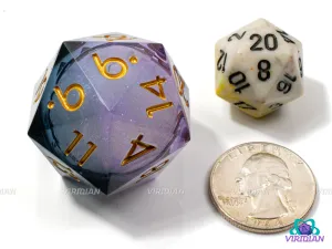 Premonition D20 (Liquid Core) | Sharp-Edged Die, Glittery, Smoke-Black & Purple Translucent, Glittery | Giant Resin D20 (1)