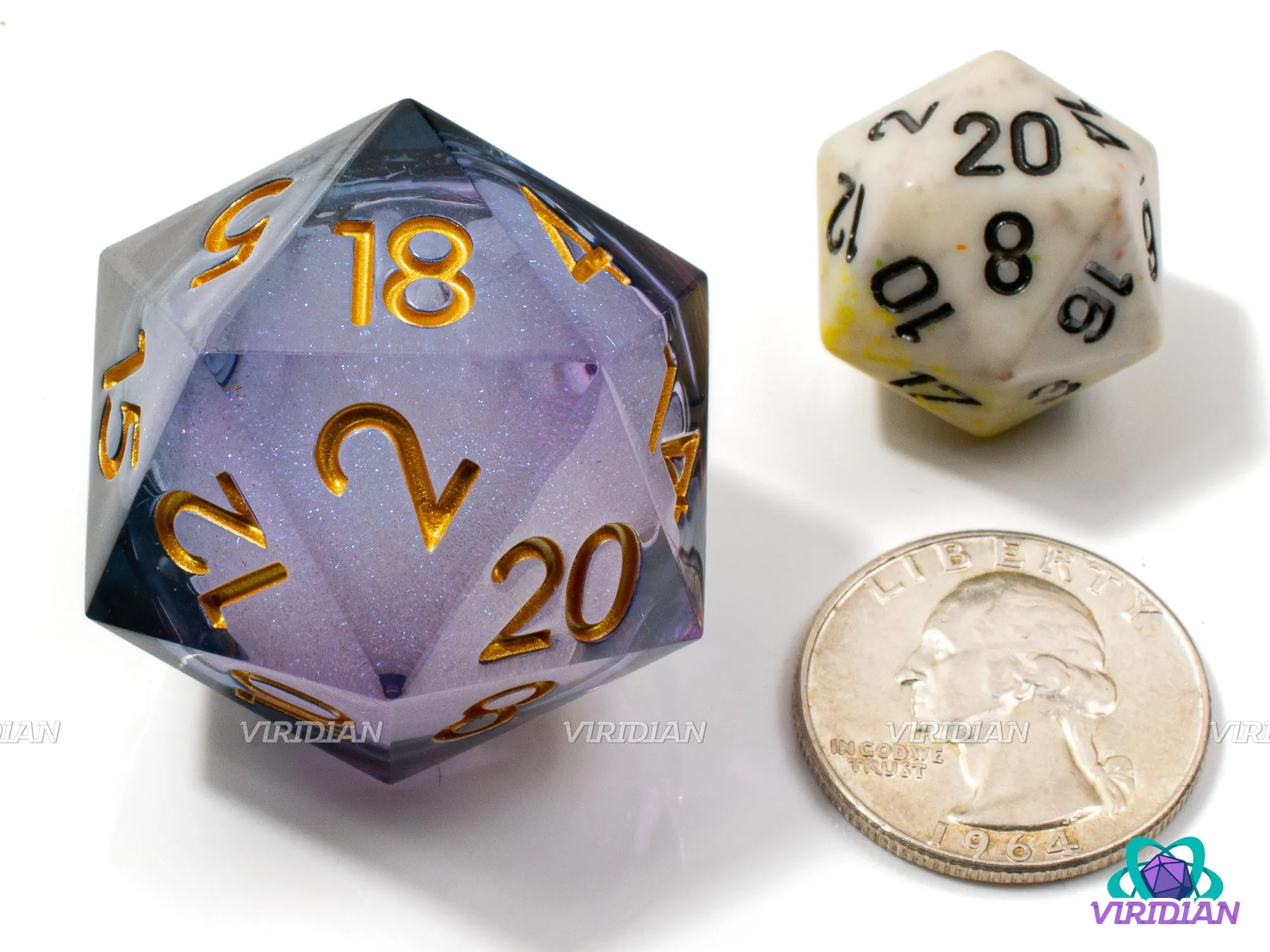 Premonition D20 (Liquid Core) | Sharp-Edged Die, Glittery, Smoke-Black & Purple Translucent, Glittery | Giant Resin D20 (1)