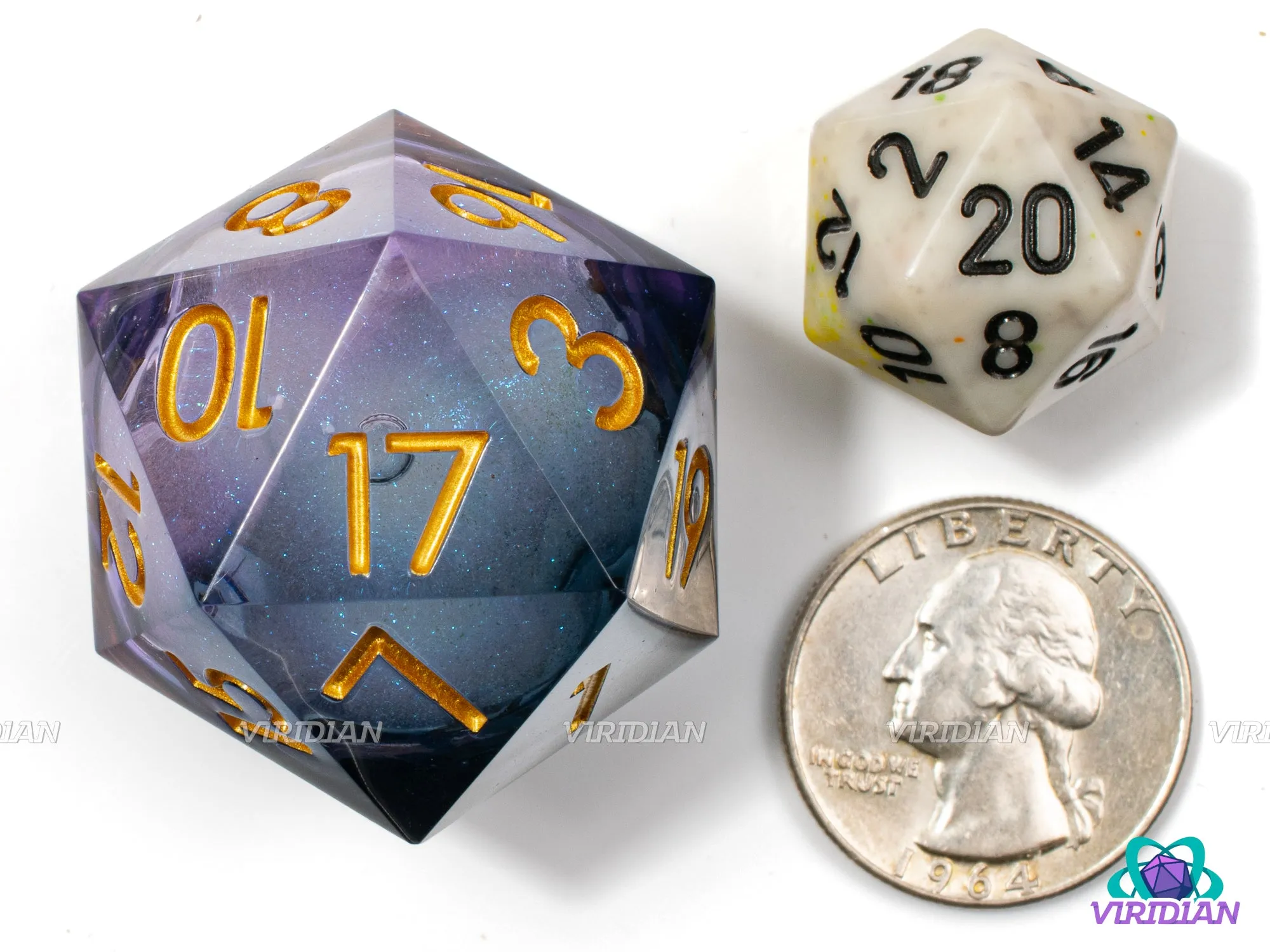 Premonition D20 (Liquid Core) | Sharp-Edged Die, Glittery, Smoke-Black & Purple Translucent, Glittery | Giant Resin D20 (1)