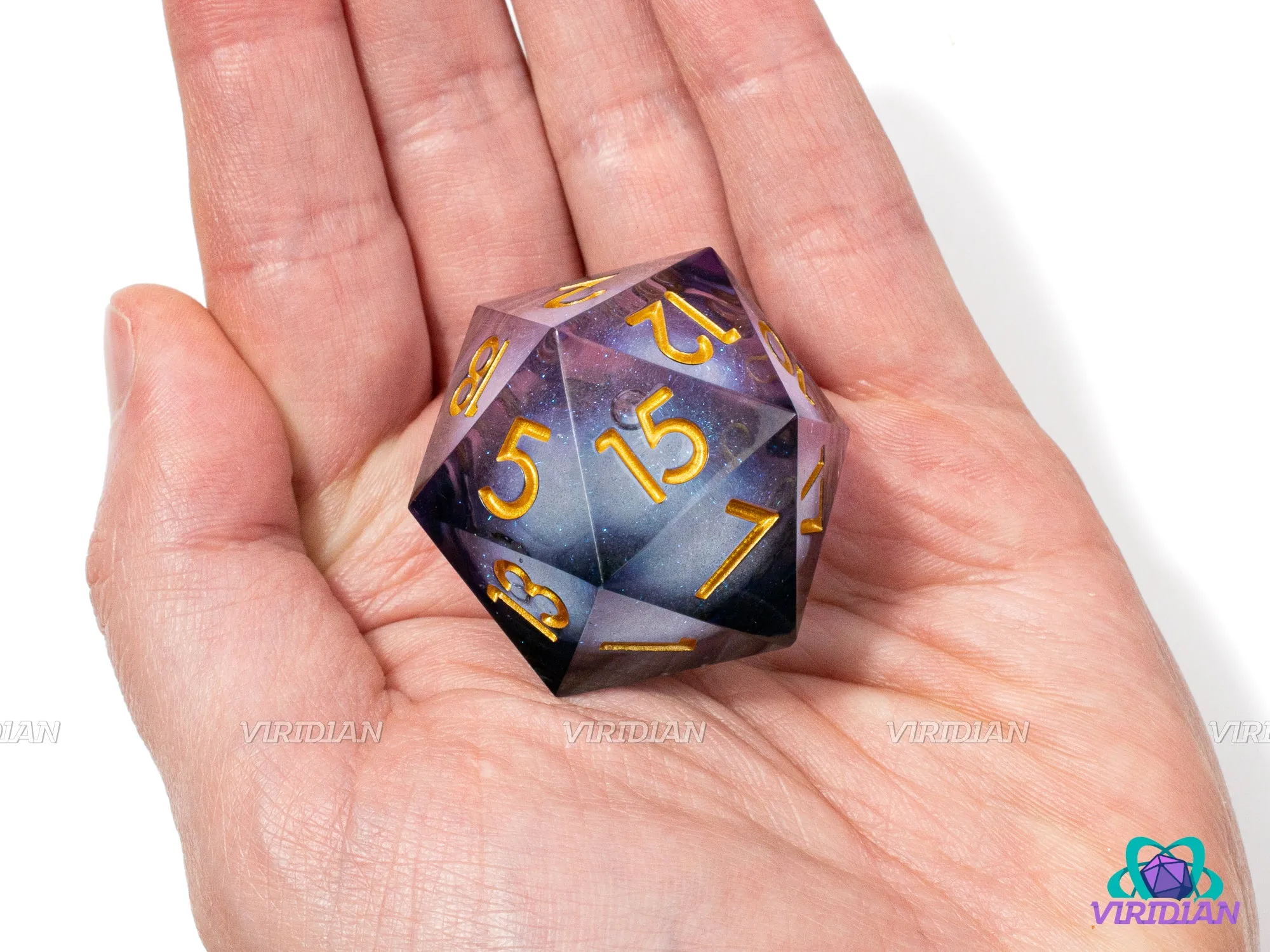 Premonition D20 (Liquid Core) | Sharp-Edged Die, Glittery, Smoke-Black & Purple Translucent, Glittery | Giant Resin D20 (1)