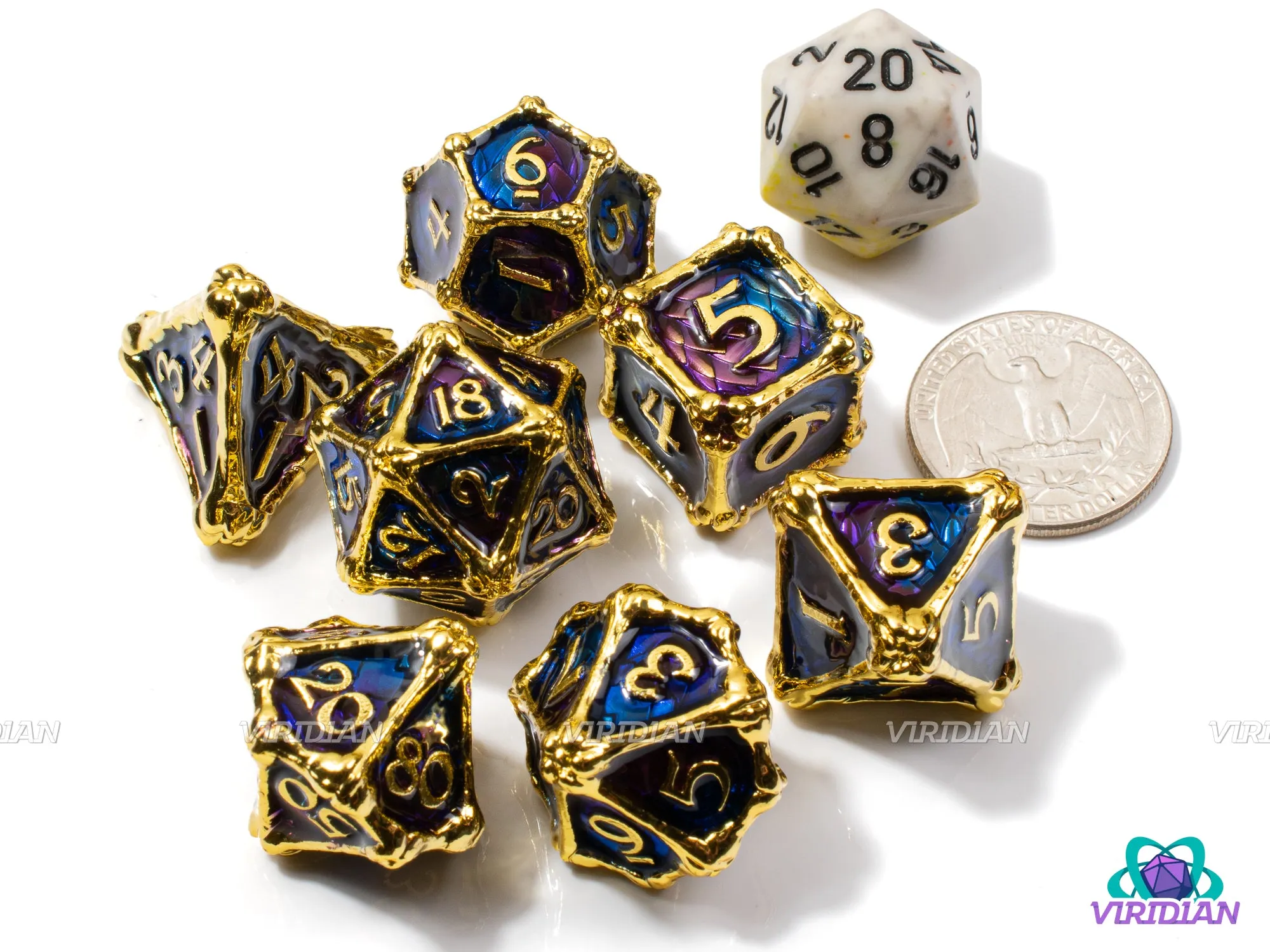 Sapphire Wyrm | Royal Blue, Purple, Bone & Dragon Scale Design, Bright Shiny Gold Accents | Metal Dice Set (7)