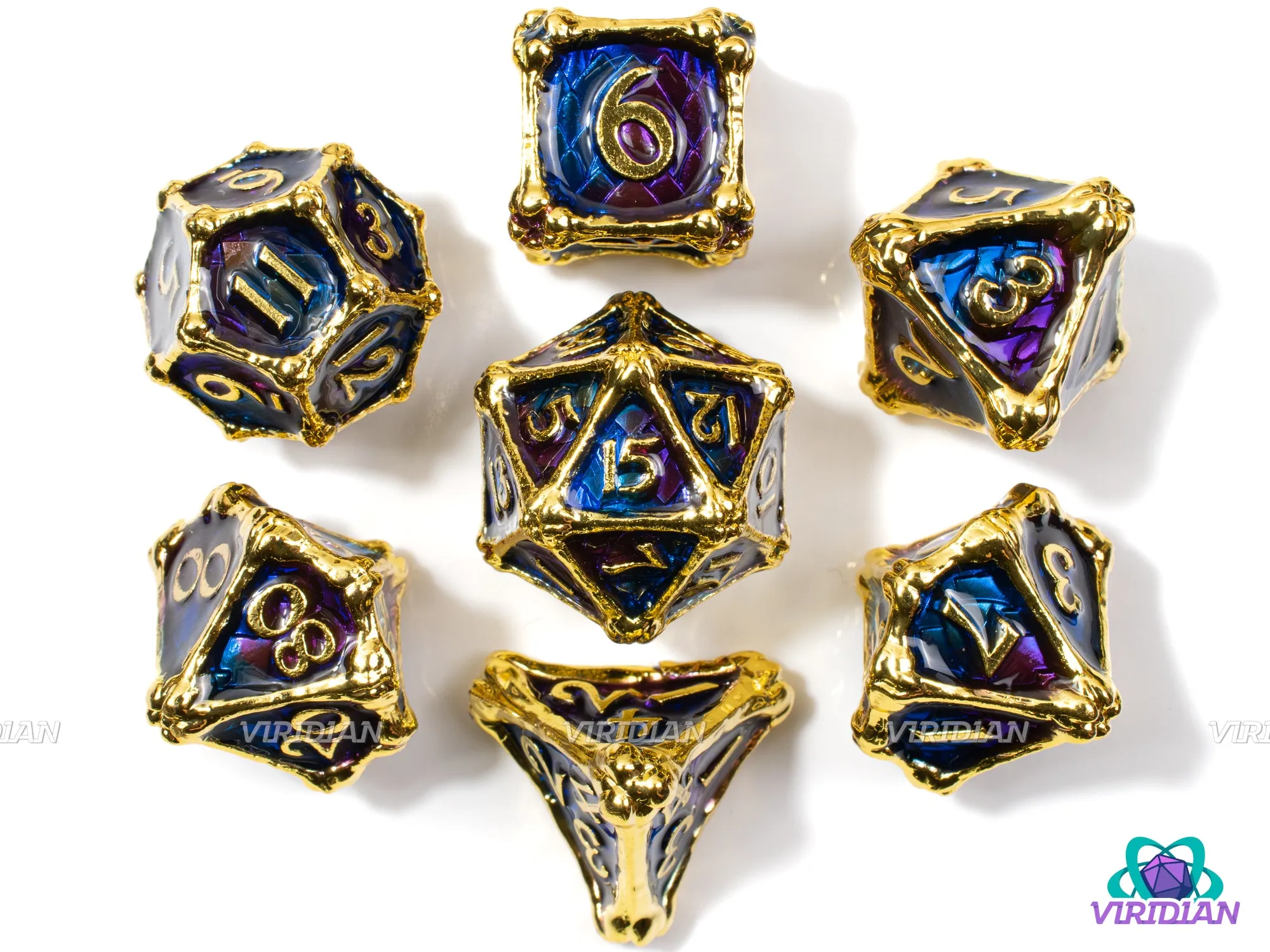 Sapphire Wyrm | Royal Blue, Purple, Bone & Dragon Scale Design, Bright Shiny Gold Accents | Metal Dice Set (7)