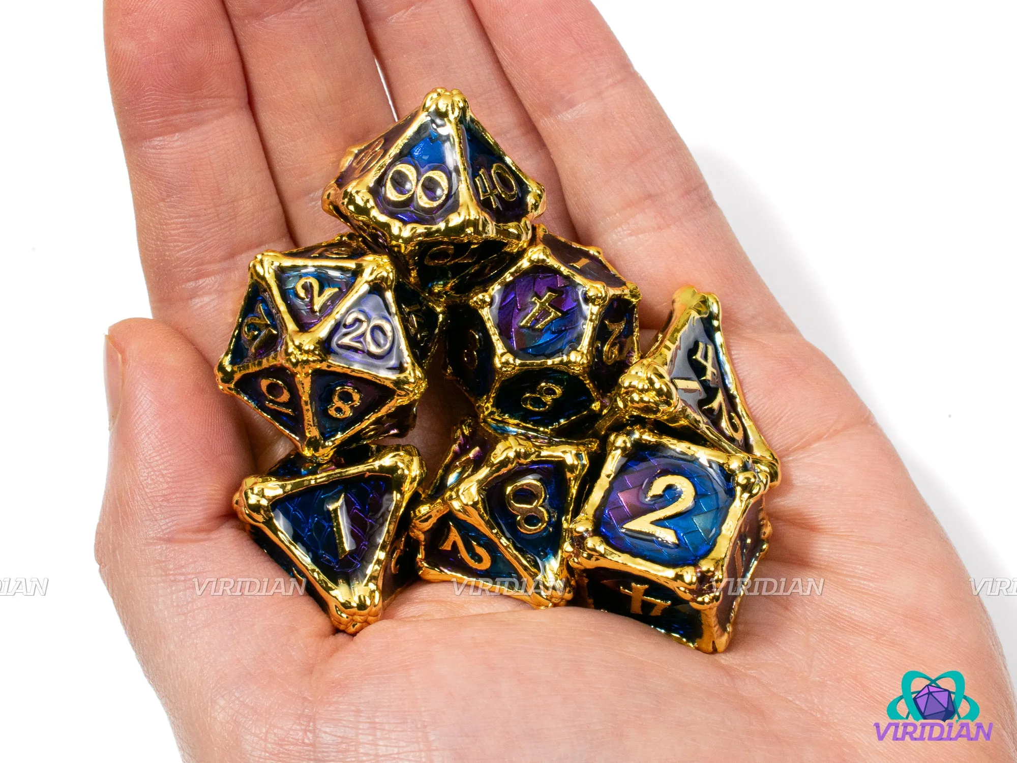 Sapphire Wyrm | Royal Blue, Purple, Bone & Dragon Scale Design, Bright Shiny Gold Accents | Metal Dice Set (7)