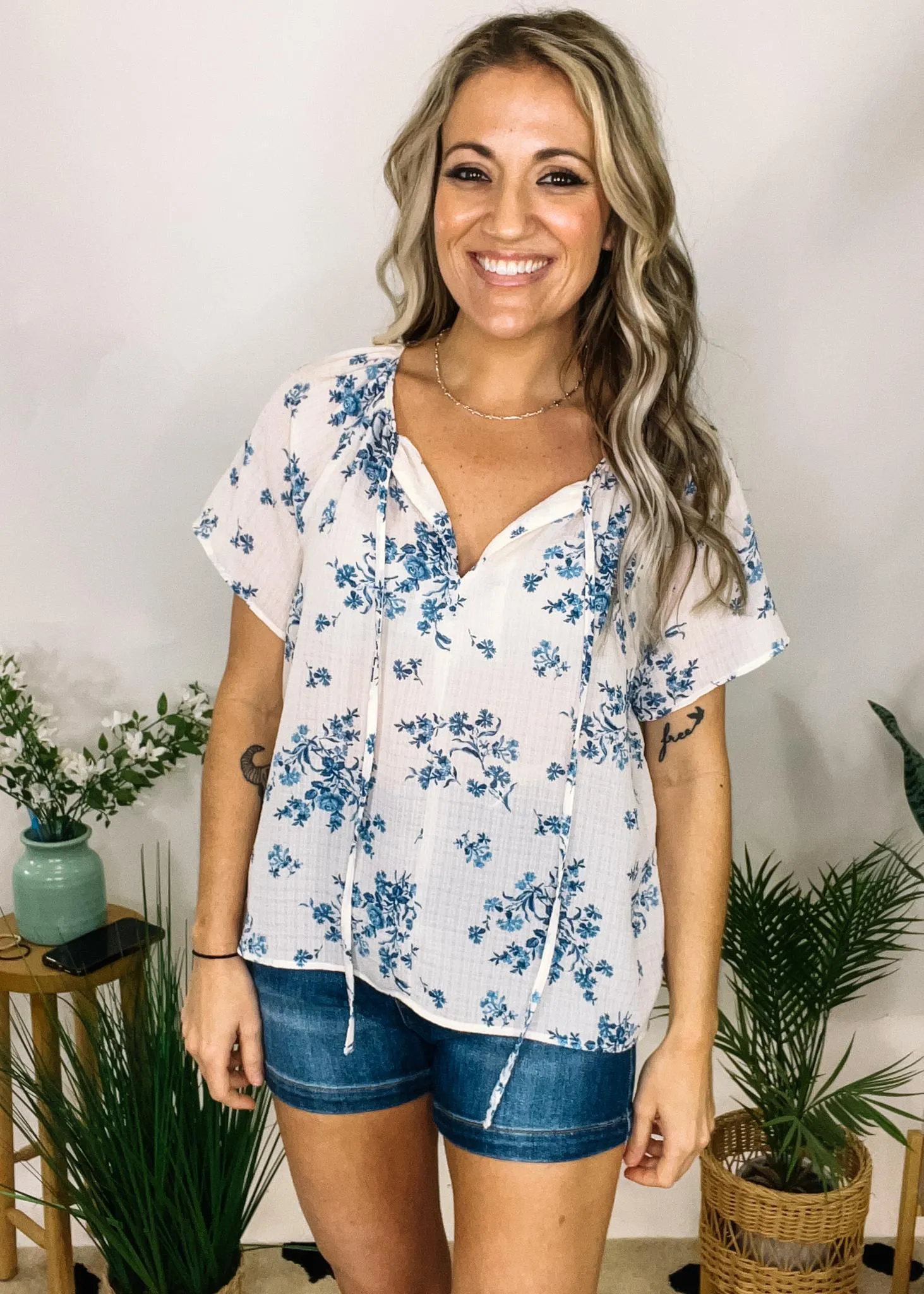Short Sleeve Slit Tie Blue Floral Top
