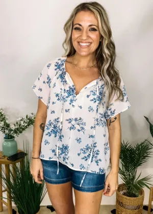 Short Sleeve Slit Tie Blue Floral Top