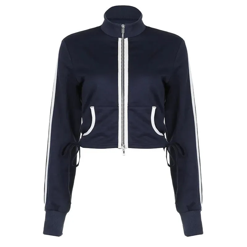 Stripe Zip Drawstring Short Stand Collar Coat