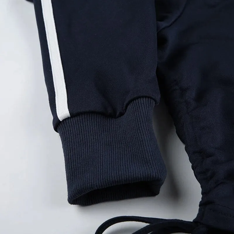 Stripe Zip Drawstring Short Stand Collar Coat