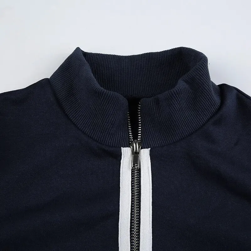 Stripe Zip Drawstring Short Stand Collar Coat