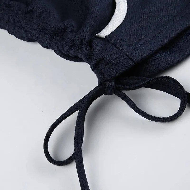 Stripe Zip Drawstring Short Stand Collar Coat