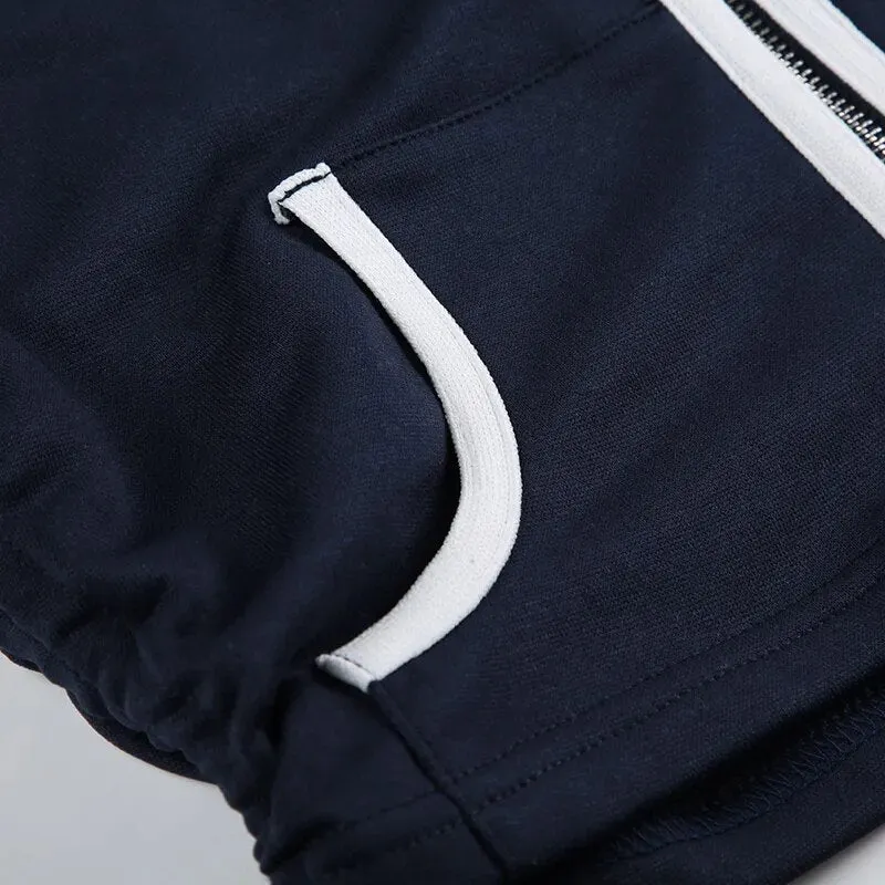 Stripe Zip Drawstring Short Stand Collar Coat