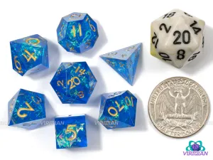 Tiny Tidal Wave (Mini) | Small Bright Blue and Gold Holographic Film, Sharp Edge | Resin Dice Set (7)