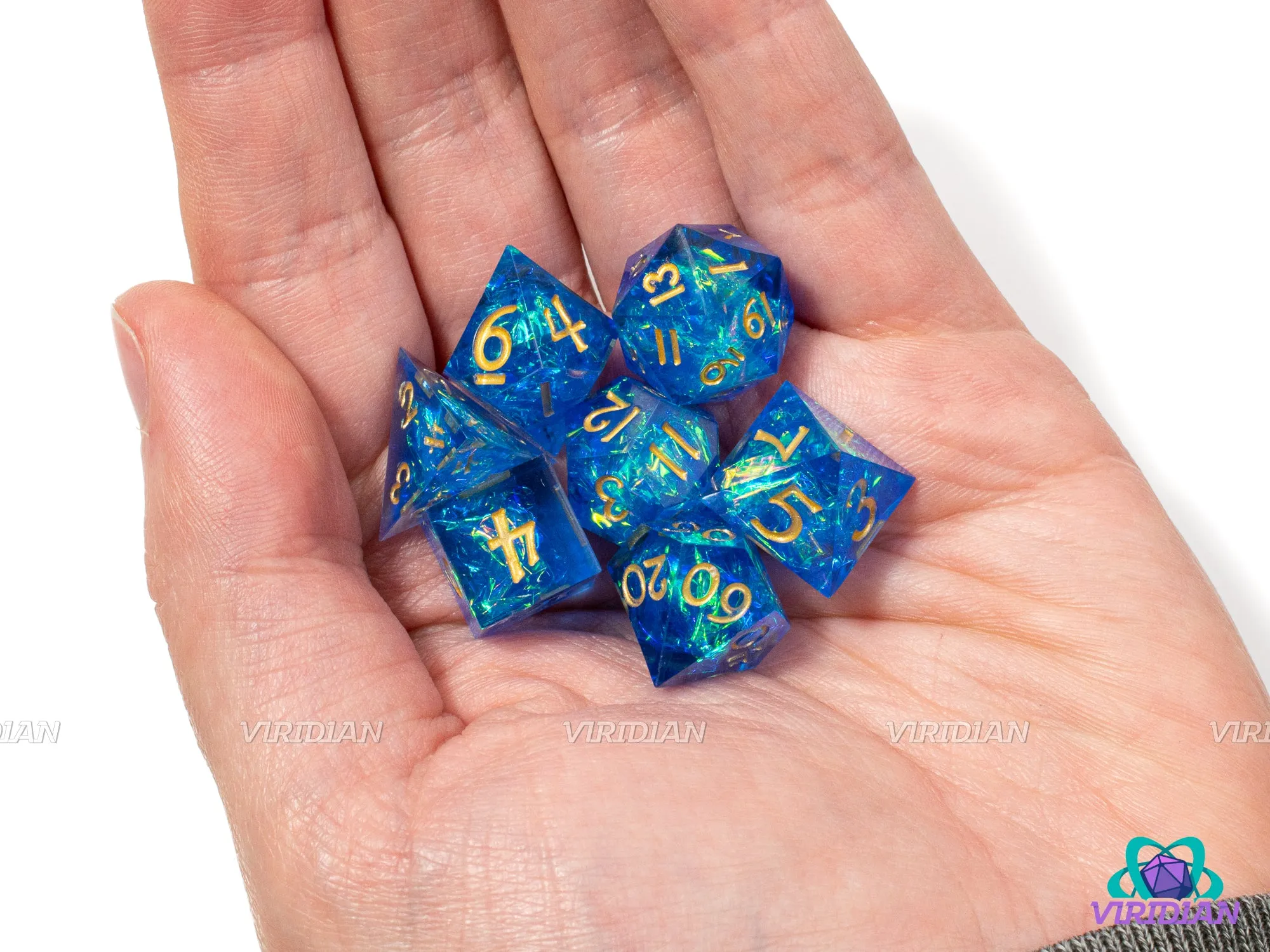 Tiny Tidal Wave (Mini) | Small Bright Blue and Gold Holographic Film, Sharp Edge | Resin Dice Set (7)