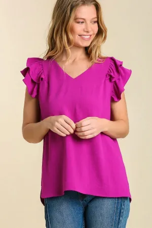 Umgee Flutter Sleeve V-Neck Top in Purple