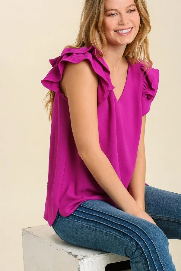 Umgee Flutter Sleeve V-Neck Top in Purple