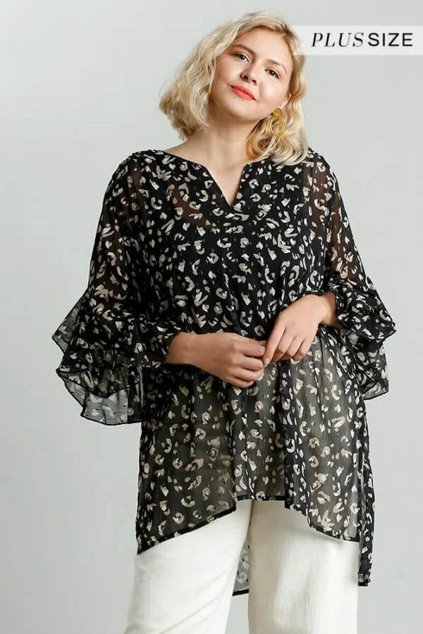 Umgee Sheer Animal Print Tunic in Black
