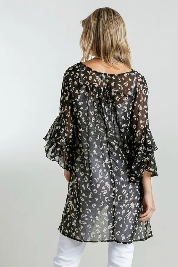 Umgee Sheer Animal Print Tunic in Black